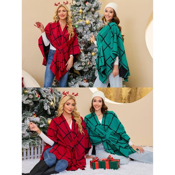 Women Shawl Wrap Poncho Ruana Cape Open Front Cardigan Fall Winter Green Black - Picture 4 of 6